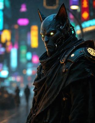 The primary subject of the image is a man dressed in a black outfit, wearing a mask and standing in a city street. The setting is a bustling urban environment with a backdrop of colorful lights, likely from neon signs or decorations. The visual style appears to be a combination of photo and digital art, creating a unique and intriguing atmosphere. The colors and mood of the image are dark and mysterious, with the man's mask and outfit adding to the overall ambiance.